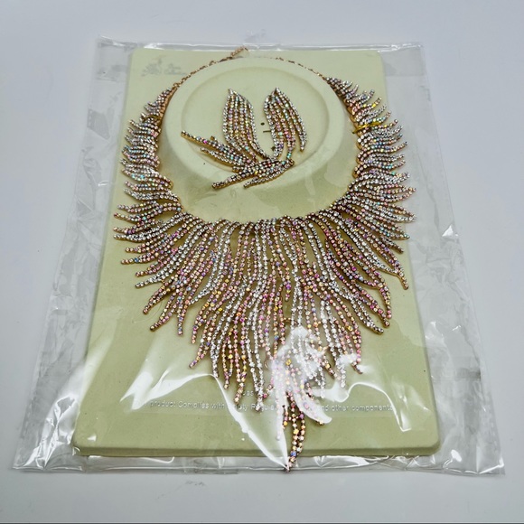 NWT CRYSTAL STATEMENT CHOKER NECKLACE & EARRINGS BRIDAL WOMEN JEWELRY SET - Picture 6 of 11